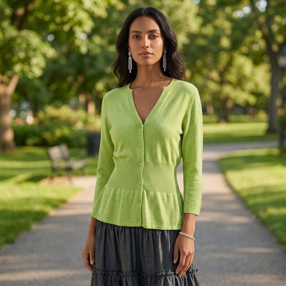 Kersh Lime Green V-Neck Button-Up Knit Cardigan Sweater Size L